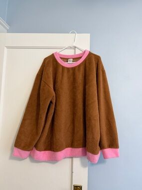 NWT Anthropologie Maeve Brown Sweater with Pink Fuzzy Collar 🐻🩷